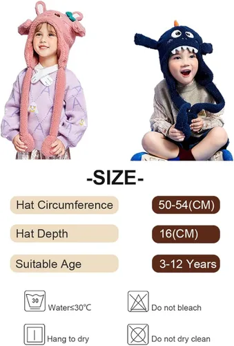 Vista 6 de Sombrero de invierno para niños, gorro de felpa para mover las orejas, resistente al viento, cálido forro polar para niños y niñas en clima frío