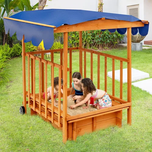 Vista 8 de HONEY JOY Caja de arena 3 en 1 para niños con casa de juegos y toldo, madera de cedro sin fondo para patio trasero con ruedas, barandillas