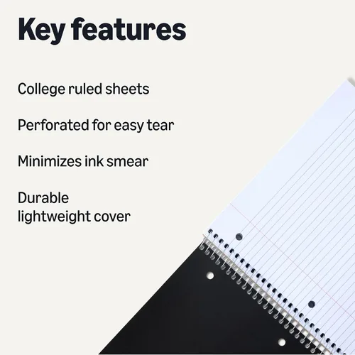 Vista 2 de Amazon Basics Cuaderno en espiral con líneas universitarias, 3 materias, 150 hojas, 8.5 x 11 pulgadas, Negro