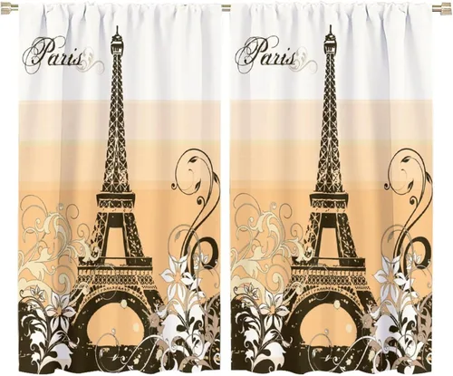 Vista 25 de Cortinas de la Torre Eiffel de París, pintura al óleo, flores moradas, torres de ciudad, con bolsillo para barra, cortinas de ventana
