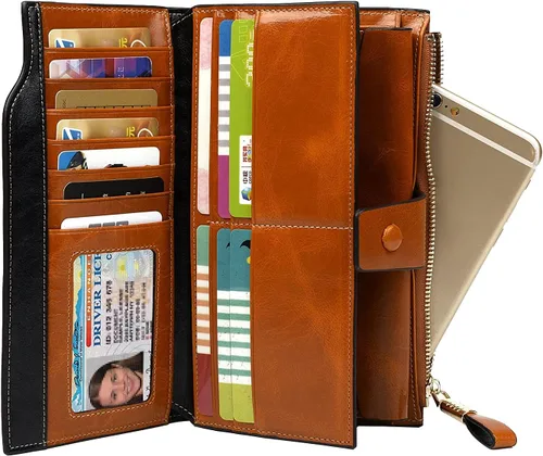 Vista 8 de Cartera plegable de cuero de gran capacidad con bloqueo RFID para mujer