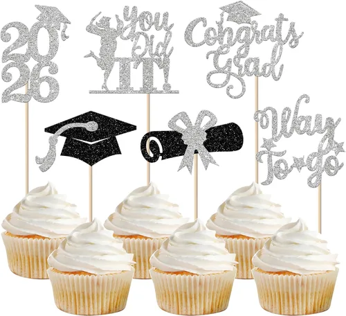 Vista 63 de Paquete de 24 adornos para cupcakes de clase de 2026 con purpurina 2026 para diploma de graduación 2026, selecciones para cupcakes para graduación