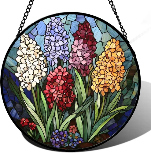 Vista 9 de DASTOLL Conjunto de 4 Piezas de Vidriera Manchada para Colgar en Ventanas, Tema de Flores Púrpuras, 16 cm - Atrapasoles de Tulipán para Puerta Juego