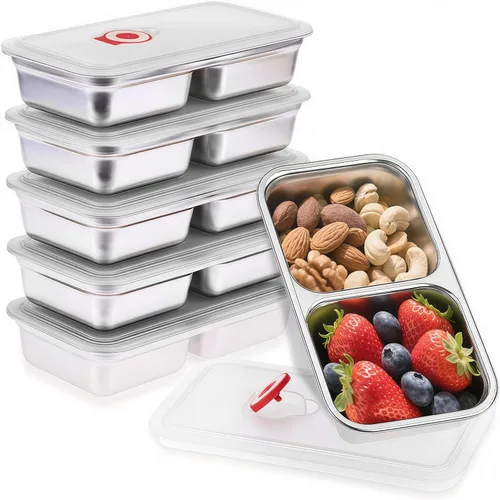 Vista 19 de 2 cajas Bento de acero inoxidable 304, 2 compartimentos, contenedores portátiles de almacenamiento de alimentos, cajas de aperitivos con tapas, caja