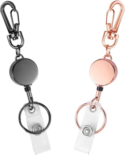 Vista 22 de Paquete de 2 llaveros retráctiles para tarjetero con nombre, bonito soporte de metal para tarjetas de identificación con cordón y mosquetón