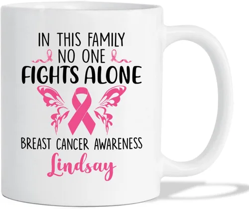 Vista 17 de Taza de café de concientización sobre el cáncer de mama con nombre personalizado, taza de café de 11 onzas, taza de té de cerámica blanca