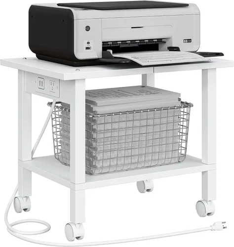 Vista 8 de TUTOTAK Soporte de impresora de 2 niveles, carrito de impresora rodante con tomas de corriente y puertos USB, mesa de impresora móvil con ruedas