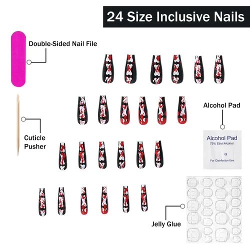 Vista 4 de Uñas postizas largas a presión para Halloween, uñas postizas largas en forma de ataúd, negro y rojo, brillantes, diseño de gota de sangre de terror