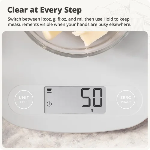 Vista 7 de Greater Goods Báscula de alimentos – Báscula digital de cocina, precisión de 1g (0.035 oz), tara fácil y conversión rápida, diseño compacto delgado