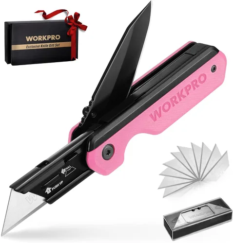 Vista 9 de WORKPRO Cuchillo plegable 2 en 1, cortador de caja de cambio rápido con clip para cinturón, bloqueo de revestimiento y mango G10, 10 cuchillas SK5