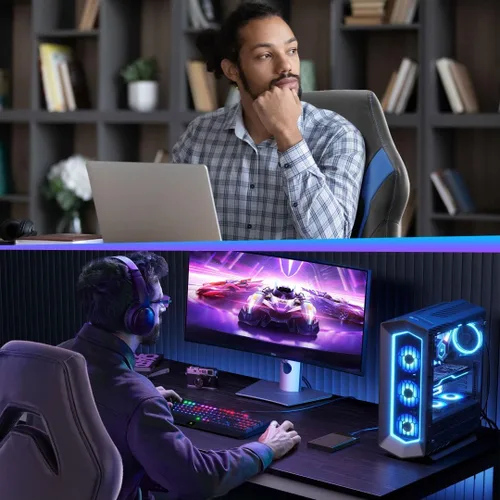 Vista 7 de Silla ergonómica resistente para videojuegos, para oficina en casa, con soporte lumbar, respaldo ajustable, reposabrazos abatible y ruedas