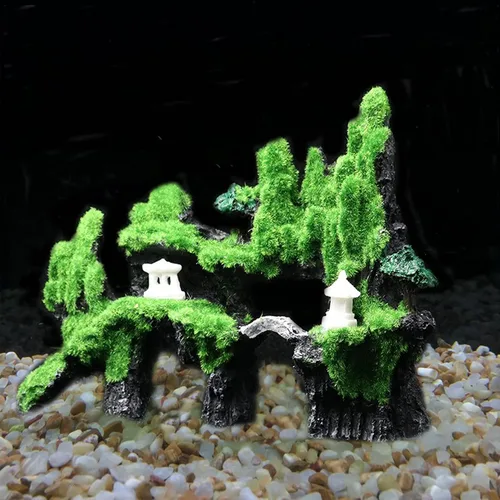 Vista 6 de Tfwadmx Decoración de pecera con vista de montaña, puente de piedra de acuario con musgo, cueva de casa de árbol para pequeña piel de camarón Betta