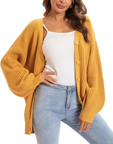 Vista 8 de QUALFORT - Suéter tipo cárdigan de punto para mujer, 100% algodón, de manga larga, con botones y de gran