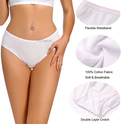 Vista 2 de Ropa interior desechable de 100% algodón para mujer, bragas de cintura media para viajes hospitalarios, ropa interior blanca (paquete de 10)