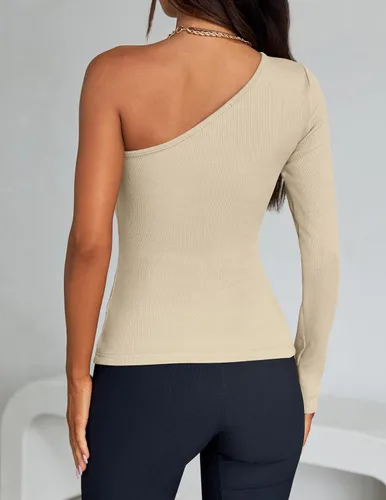 Vista 4 de ZESICA Camisetas de manga larga con un hombro para mujer, camisetas básicas ajustadas y ligeras de punto acanalado para otoño 2023