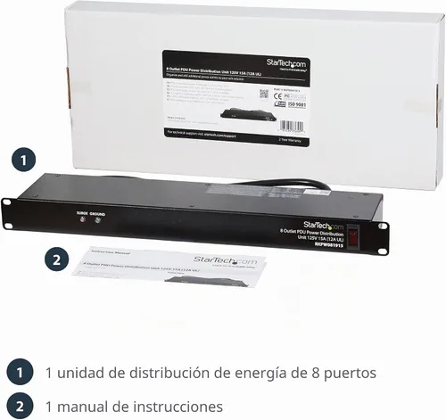 Vista 6 de StarTech Tira de alimentación horizontal de 8 salidas de 1U para montaje en rack para gabinetes de servidor de red - Protección contra