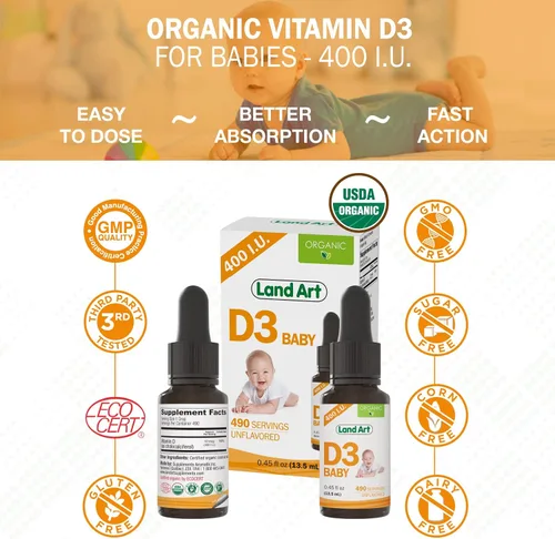 Vista 4 de Land Art - Gotas de vitamina D3 orgánicas certificadas para bebés - 400 UI por gota - 490 porciones - Apoya el desarrollo de huesos y dientes