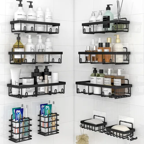Vista 13 de Liuoud Shower Caddy 5 Pack XL-Size Adhesive Stainless Steel Organizer XL Capacity, With Strong Adhesive, Rustproof, No Drilling Wall Mount Shelvs