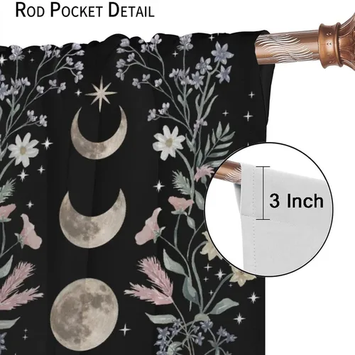Vista 5 de Cortinas Florales de Luna Flores Silvestres Fase Jardín Iluminado por la Luna Estética Boho Primavera Naturaleza Juego de Tratamiento de Ventana