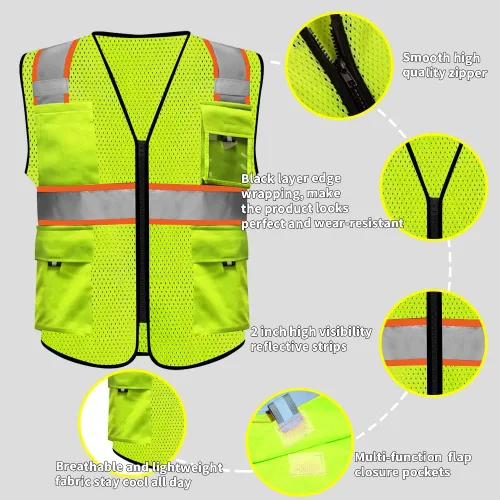 Vista 3 de HYCOPROT Chalecos de seguridad reflectantes de malla de alta visibilidad con bolsillos y cremallera, cumple con las normas ANSI/ISEA