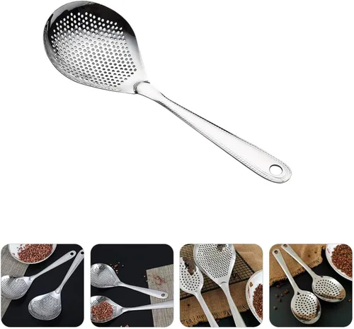 Vista 9 de Hemoton Cuchara ranurada de acero inoxidable, colador de acero inoxidable, cuchara coladora de acero inoxidable con mango para aceite de sopa