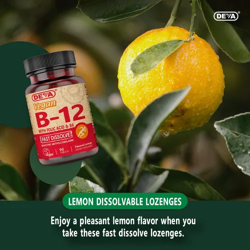 Vista 8 de DEVA Suplemento vegano de disolución rápida de vitamina B12, complejo una vez al día con 1000 Mcg de metilcobalamina B12, ácido fólico, B6 - Sabor a