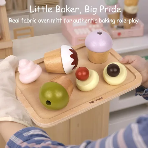 Vista 3 de Juguetes de madera para cupcakes, 21 piezas, juguetes de comida para hornear con coberturas intercambiables, regalo de fiesta de té Montessori