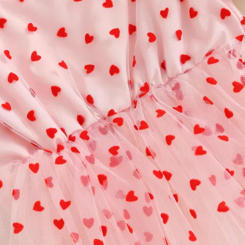 Vista 6 de Lesimsam Mameluco para bebé recién nacida, para el día de San Valentín, con estampado de corazón, de malla, manga abombada, traje de tul con diadema