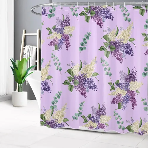 Vista 16 de EOBTAIN Cortina de ducha floral púrpura para baño, flores de acuarela y hojas de eucalipto verde sobre beige, cortina de ducha con 10 ganchos, juego