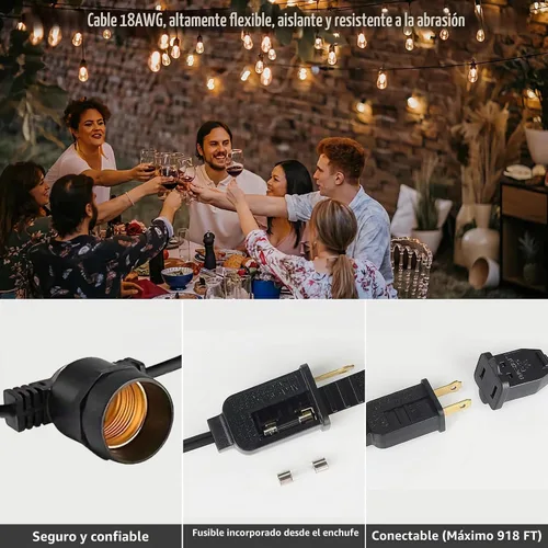 Vista 3 de Cadena de luces LED para exteriores de 27 pies, IP65 Impermeable, luces de cadena S14 inastillables para exteriores (máximo 918 pies) Bombillas