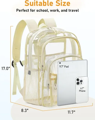 Vista 3 de Mochila transparente grande de doble capa, 17 pulgadas, resistente, transparente, para universidad, trabajo, Beige, Grande, Mochila de doble capa