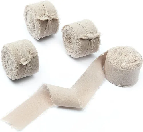 Vista 41 de 4 rollos de 1 pulgada de ancho x 5 yardas de largo, cinta de gasa con flecos hecha a mano, de chifón y seda, con bordes deshilachados