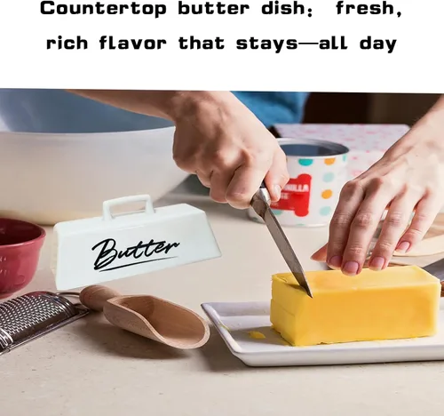 Vista 4 de Mantequillera con tapa, plato de mantequilla de cerámica con tapa para encimera, bandeja de mantequilla blanca, conservador de mantequilla