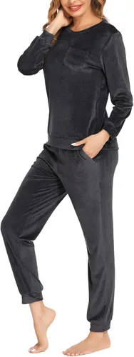 Vista 3 de Ekouaer Conjunto de pijama de manga larga para mujer, ropa de dormir suave de 2 piezas de terciopelo con bolsillos