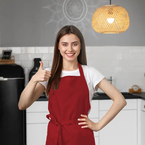 Vista 4 de Avalon Kitchen Aprons for Men - 100% Polyester Chef Apron Women with Extra Long Ties - Cooking Aprons for Women & Mens Apron Rojo
