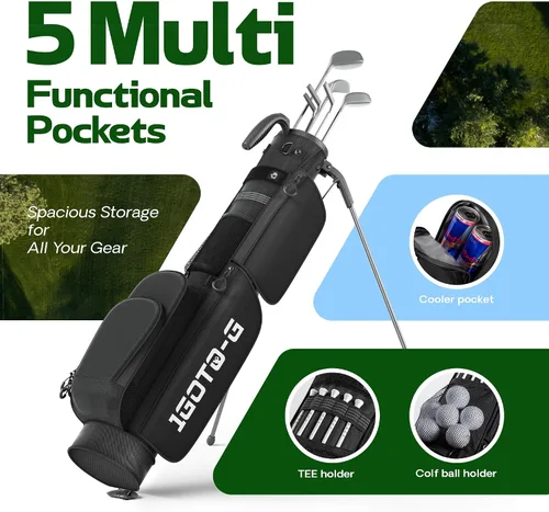 Vista 4 de Golf Lightweight Stand Bag, Par 3 Sunday Small Golf Bag with 2 Way Dividers Rain Hood Cooler Pocket Shoulder Strap and Multiple Storage Pockets for
