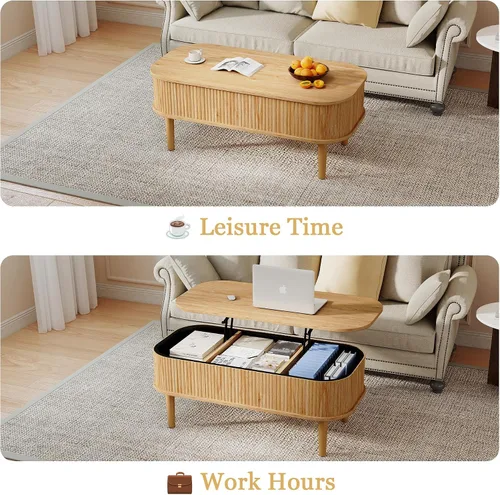 Vista 3 de Mesa de centro acanalada con tapa elevable y almacenamiento oculto, mesa de centro ovalada con tapa elevable, diseño moderno de mediados de siglo