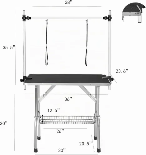 Vista 2 de Mesa de aseo para perros de 36 pulgadas, mesas plegables para aseo de mascotas con brazo ajustable, bandeja de malla de almacenamiento de nudos Negro