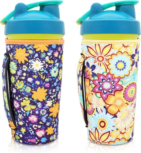 Vista 7 de Paquete de 2 fundas aislantes de neopreno reutilizables para botellas de agua con asa compatibles con botella mezcladora de 28 onzas, vaso de 20