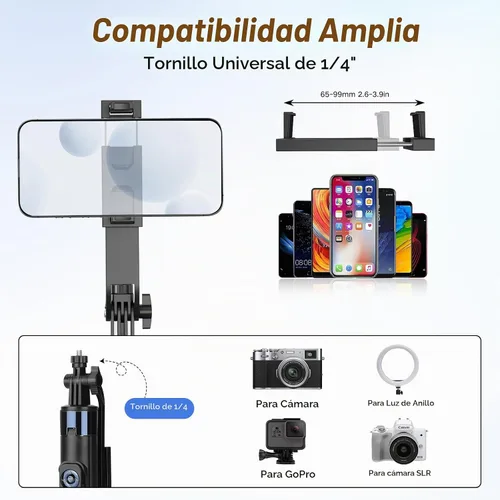 Vista 7 de Trípode de teléfono de 70 pulgadas y palo selfie con luz, soporte de trípode de metal con control remoto inalámbrico, trípode portátil para selfie