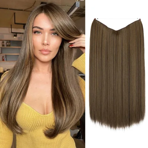 Vista 28 de SARLA Extensiones de cabello con alambre invisible de reflejos cortos rectas postizos sintéticos diadema transparente ajustable para mujeres 14