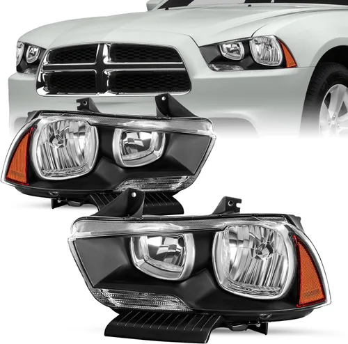 Vista 12 de SOCKIR Juego de montaje de faros delanteros compatible con Dodge Charger 2011 2012 2013 2014 Faro halógeno de repuesto negro con reflector ámbar
