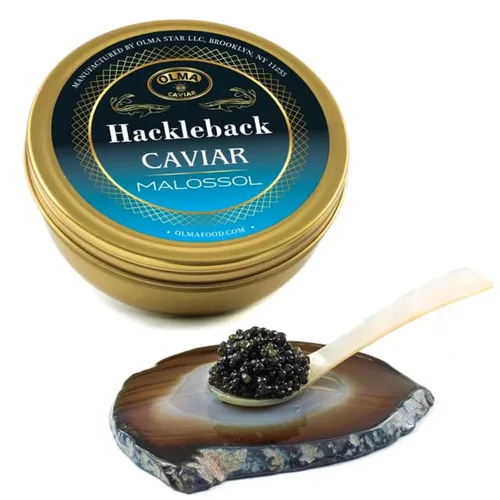 Vista 9 de Envío nocturno – Olma American Hackleback Sturgeon Black Caviar – Perlas de grano medio, grado superior, 1 oz / 28 g Dark glossy gray pearls with
