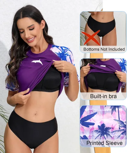 Vista 3 de Halcurt Traje de baño de manga corta para mujer, con brasier integrado, protección solar UPF50, de secado rápido