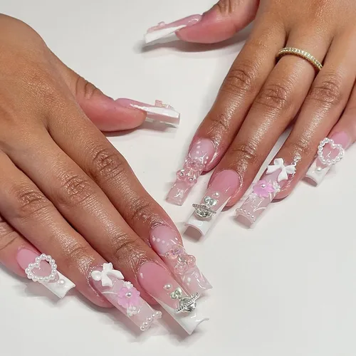 Vista 11 de Uñas postizas a presión de ballet negras, uñas postizas largas cuadradas con punta francesa, uñas postizas con lazo rosa con diseños de perlas