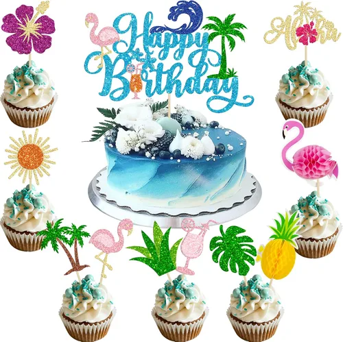 Vista 18 de 36 piezas de adornos para cupcakes de piña verde con purpurina verde para Luau despedida de soltera, fiesta de verano tropical, decoración