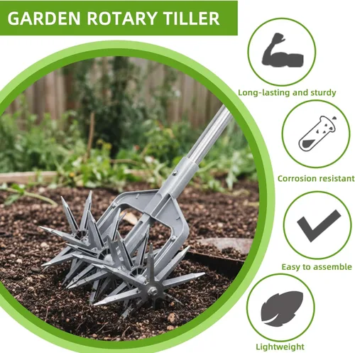 Vista 7 de Cultivador giratorio, herramienta de jardín ajustable con púas de metal sólido desmontables para aflojar y mezclar tierra, cultivador de jardín