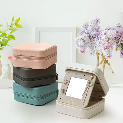Vista 5 de Vee - Estuche pequeño para joyas de viaje mini organizador de joyas con espejo portátil caja de joyería para aretes anillos collares pulseras