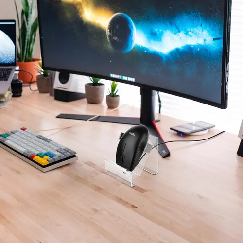Vista 5 de Soporte de acrílico para ratón, base de soporte vertical de escritorio para mouse con cable e inalámbrico, soporte universal para mouse