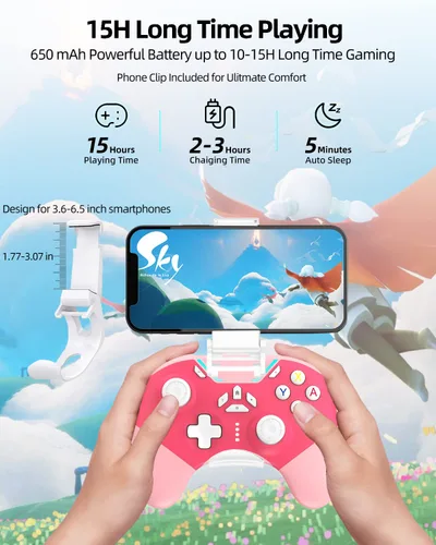 Vista 6 de New Version iPhone Controller with Phone Clip, Pink Wireless Bluetooth Game Controller for iPhoneApple Arcade MFi GamesPCSwitch with MacroLock